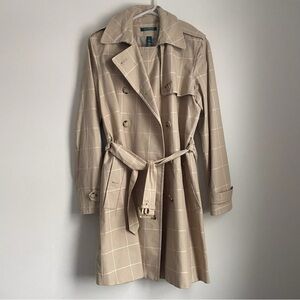 Ralph Lauren Trench Coat Window Pane Print Tan Belted Wonens Medium GUC Plaid